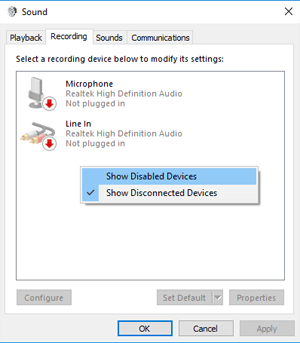 Windows 10 Sound Recording Show Disabled Devices